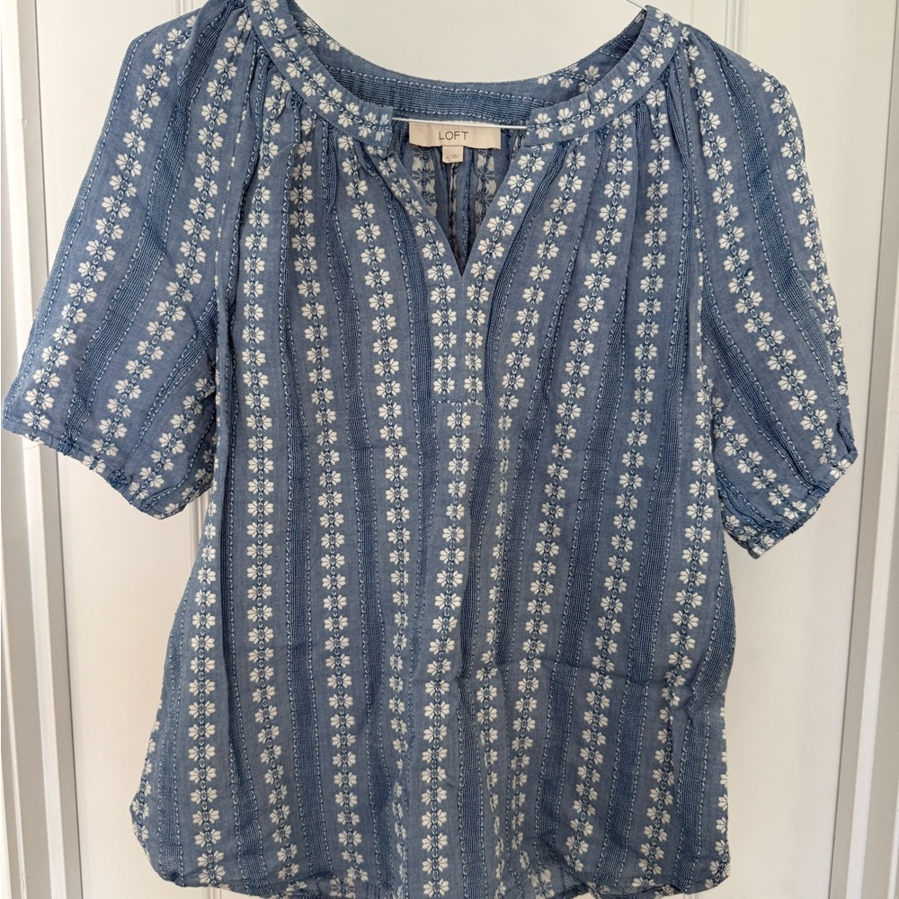 LOFT Blue Floral Stripe Peasant Blouse